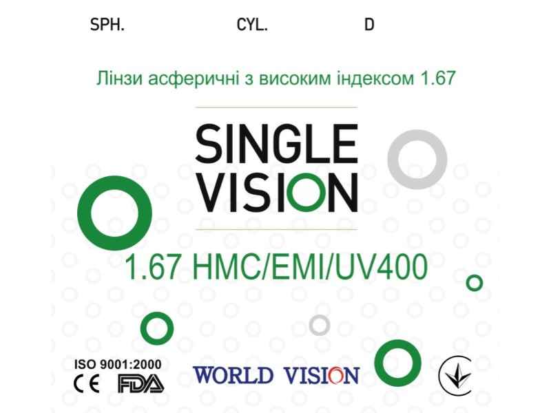 Линзы VISION 1.67 HMC/EMI — асферические для зрения (плюс/минус)